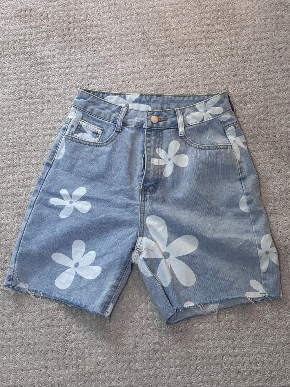 SHEIN Light Blue Denim Shorts with White Floral Print